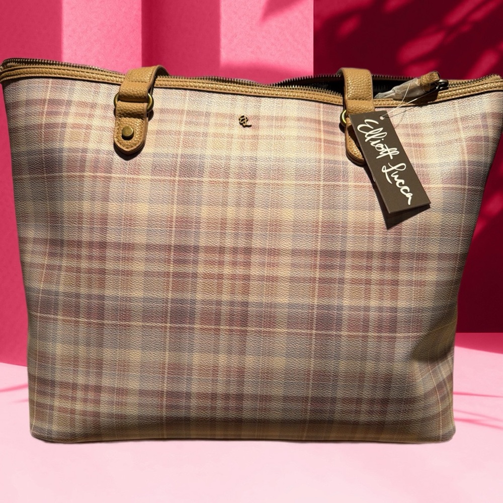 Elliott Lucca Beige and Pink Plaid Tote
